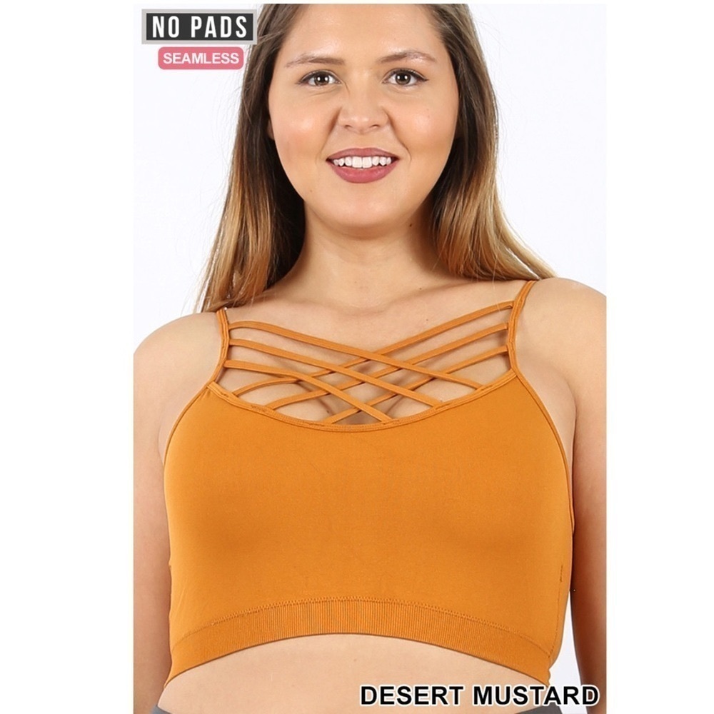 Zenana Yellow Mustard Plus Size Strappy Triple Criss Cross Caged Bralette NEW